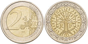 ФРАНЦИЯ 2 ЕВРО 2001 KM 1289 биметалл 216-1137