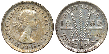 Австралия 3 пенса 1960 m, Елизавета II (1952-2022) KM 57 серебро 71-165