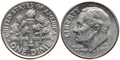 США 10 ЦЕНТОВ = 1 ДАЙМ 2007 D, РУЗВЕЛЬТ KM 195а медь плакированная медно-никелем 4396-444