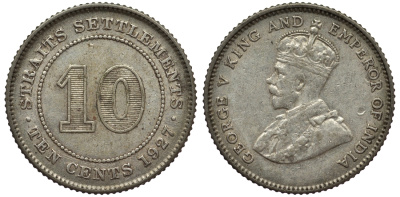 Стрейтс-Сетлментс 10 центов 1927 Георг V (1910-1936) КМ 29b серебро 53-644