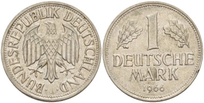 ФРГ 1 МАРКА 1966 J KM 110, J. 385 медно-никель 4551-1251