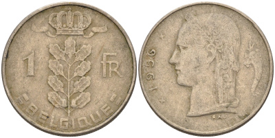 Бельгия 1 франк 1956 BELGIQUE KM 142.1 медно-никель 4592-532