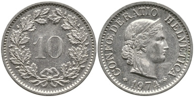 Швейцария 10 раппенов 1974 KM 27 медно-никель 4539-516