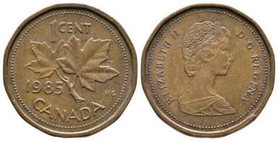 Канада 1 цент 1985 Елизавета II (1952-2022), кленовый лист KM 132 бронза 46-2626