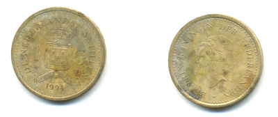 Нидерландские Антилы 1 гульден 1994 Беатрикс (1980-2013) KM 37 золотистая сталь 4379-1455