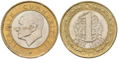 Турция 1 лира 2009 Кемаль Ататюрк KM 1244 биметалл  4610-1151