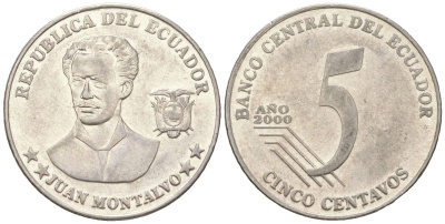 Эквадор 5 сентаво 2000 KM 105 нержавеющая сталь 4401-416