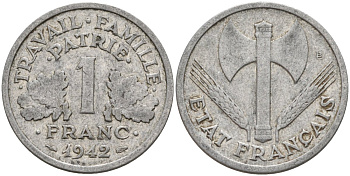 Франция 1 франк 1942 LB, тип Lourde, правительство Виши KM 902.1, Le Franc 222.2 алюминий 4142-916