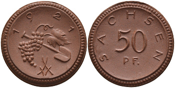 Саксония 50 пфеннигов 1921 виноград и лопата J. N 54 фарфор 1094-5-24