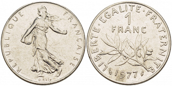 ФРАНЦИЯ 1 ФРАНК 1977 СЕЯТЕЛЬ KM 925.1, LE FRANC 226.22 никель 4402-1126