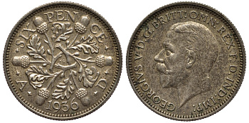Великобритания 6 пенсов 1936 Георг V (1910-1936) KM 832, Spink 4041 серебро 4538-412