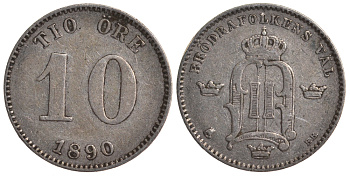Швеция 10 эре 1890 Оскар II (1872-1907) король Швеции и Норвегии KM 755 серебро 4179-523
