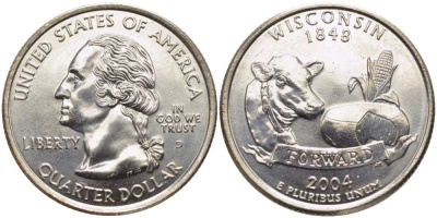 США 25 центов = квотер 2004 D, серия штаты США, Висконсин KM 359 медь плакированная медно-никелем UNC M49-19