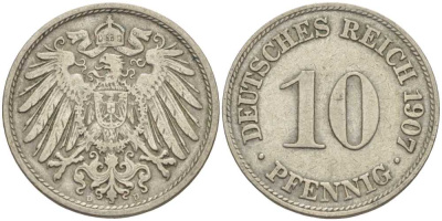 Германия 10 пфеннигов 1907 D KM 12, J. 13 медно-никель 31-111