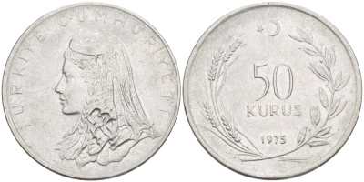 Турция 50 курушей 1975 Анатолийская невеста KM 899 нержавеющая сталь 4541-1254