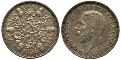 Великобритания 6 пенсов 1936 Георг V (1910-1936) KM 832, Spink 4041 серебро 4538-412