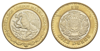 Мексика 10 песо 2002 Мо, бог Тонатиуха с огненной маской KM 616 биметалл aUNC 4637-723