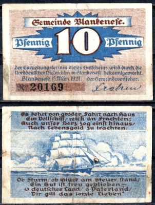 Бланкенезе (Пруссия, Шлезвиг-Гольштейн) 10 пфеннигов 1921 Mehl Grabowski 115.1a-1/2 бумага 7556-50-1-1