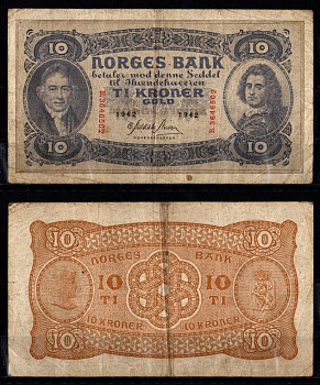 Норвегия 10 крон 1942 Pick 8 c бумага 7457-25-1-2