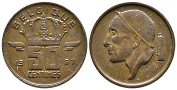 БЕЛЬГИЯ 50 САНТИМОВ 1967 BELGIQUE KM 148.1 бронза 4383-1158