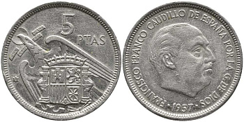 ИСПАНИЯ 5 ПЕСЕТ 1957 (73) ФРАНСИСКО ФРАНКО ДИКТАТОР ИСПАНИИ (1939-1975) KM 786 медно-никель 110-946