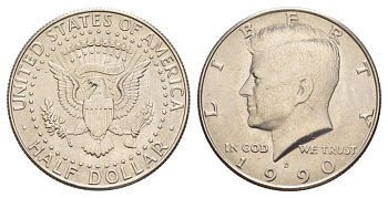 США 1/2 доллара (50 центов) 1990 D, Джон Кеннеди KM A202b медь плакированная медно-никелем aUNC 4367-1025