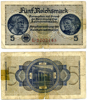 Германия 5 рейхсмарок 1939-1944 серия L, для оккупированных территорий, Вторая мировая война, 7 цифр в номере Pick 553, Розенберг R138a  бумага   8603-26-2-1