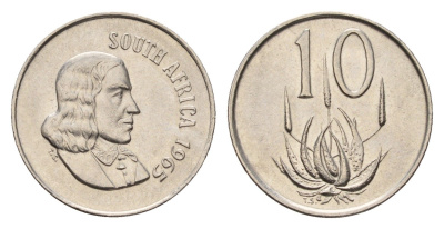 ЮАР 10 центов 1965 Ян ван Рибек (1619-1677), South Africa, легенда на африкаанс, цветок алоэ KM 68.1 никель UNC 4679-149