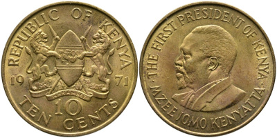 Кения 10 центов 1971 Джомо Кениата KM 11 никель латунь 4526-1115