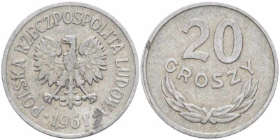 Польша 20 грошей 1961 MW KM А47, Parchimowicz 208b алюминий 60-823
