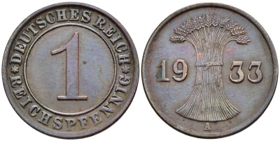 ГЕРМАНИЯ 1 РЕЙХСПФЕННИГ 1933 A KM 37, J. 313, Weege 2 бронза 4547-164