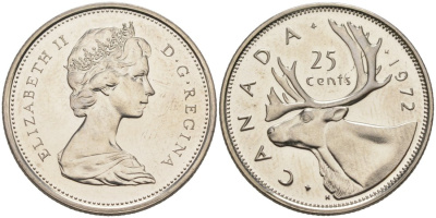 Канада 25 центов 1972 Елизавета II (1952-2022), олень KM 62 b никель UNC 63-436