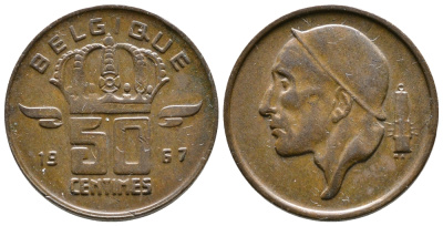 БЕЛЬГИЯ 50 САНТИМОВ 1967 BELGIQUE KM 148.1 бронза 4383-1158