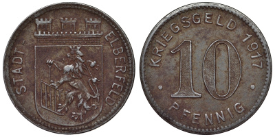 Германия, округ Эльберфельд 10 пфеннигов 1917 Вупперталь, Северный Рейн-Вестфалия, нотгельд Funck 111.2? железо 4119-453