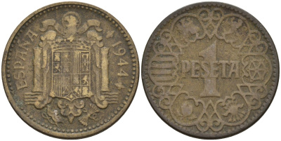 Испания 1 песета 1944 национальное правительство (1939 - 1947) KM 767 алюминиевая бронза 4155-311