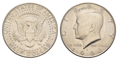 США 1/2 доллара (50 центов) 1990 D, Джон Кеннеди KM A202b медь плакированная медно-никелем aUNC 4367-1025