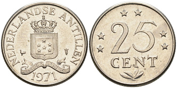 Нидерландские Антилы 25 центов 1971 Юлиана (1948-1980) KM 11 никель 4564-467