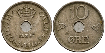 Норвегия 10 эре 1937 Хокон VII (1906 - 1957) KM 383 медно-никель 4154-754
