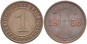 ГЕРМАНИЯ 1 РЕЙХСПФЕННИГ 1936 A KM 37, J. 313, Weege 2 бронза 211-134
