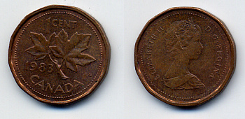 КАНАДА 1 ЦЕНТ 1983 ЕЛИЗАВЕТА II, КЛЕНОВЫЙ ЛИСТ KM 132 бронза 54-2455