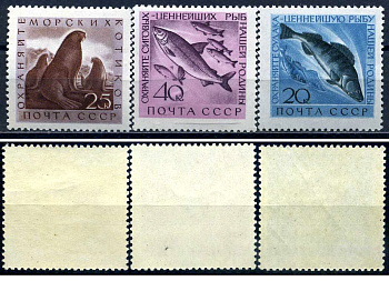 СССР набор из 3 марок (20, 25 и 40 копеек) 1960 Фауна СССР: Охрана ценных рыб и морских животных - Судак, Морские котики, Сиг Загорский 2382, 2383, 2384    марка с оригинальным клеем, без следов наклейки (чистая) 8707-1-7-3
