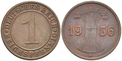 ГЕРМАНИЯ 1 РЕЙХСПФЕННИГ 1936 A KM 37, J. 313, Weege 2 бронза 211-134