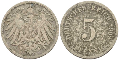 ГЕРМАНИЯ 5 ПФЕННИГОВ 1909 A KM 11, J. 12 медно-никель 100-1127