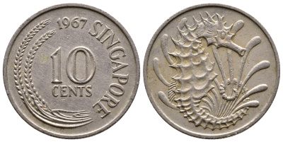 СИНГАПУР 10 ЦЕНТОВ 1967 МОРСКОЙ КОНЕК КМ 3 медно-никель 57-326