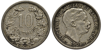 ЛЮКСЕМБУРГ 10 САНТИМОВ 1901 ВЕЛИКИЙ ГЕРЦОГ АДОЛЬФ (1890-1905) КМ 25 медно-никель 4538-722