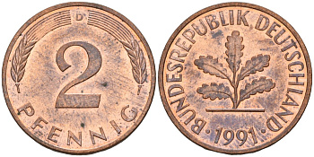 ФРГ 2 пфеннига 1991 D KM 106a, J.381 сталь плакированная медью 4115-931