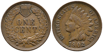 США 1 ЦЕНТ 1902 ГОЛОВА ИНДЕЙЦА KM 90а бронза 66-166
