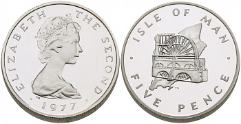 ОСТРОВ МЭН 5 ПЕНСОВ 1977 ТИРАЖ 10000 ЭКЗ. КМ 35.1a серебро PROOF 650-514