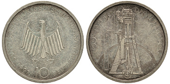 ФРГ 10 марок 1997 F, 100 лет дизельному двигателю KM 192 серебро 413-1733