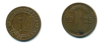 ГЕРМАНИЯ 1 РЕЙХСПФЕННИГ 1925 G KM 37, J. 313 бронза 46-832